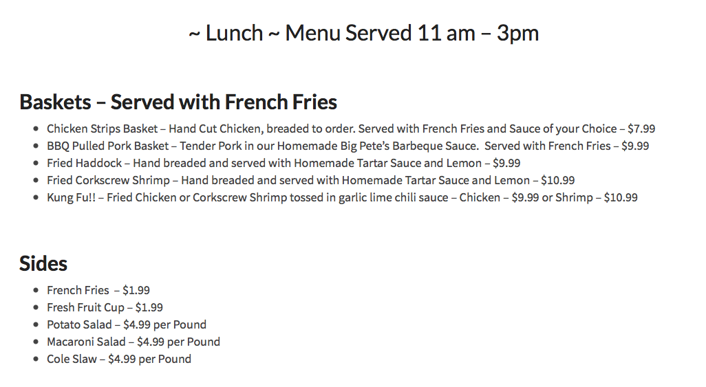 Fenton's Landing Menu